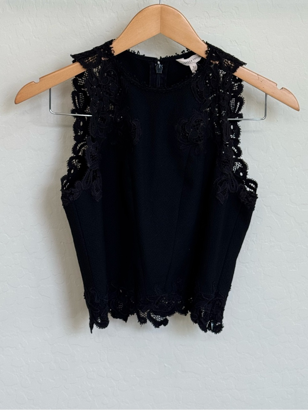 Rebecca Taylor Black Piqué Lace-Inset Sleeveless Crop Tank Top Size 2